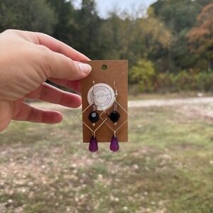 Handmade Geometric dangle earrings Purple Black Crystal Silver Tone Statement